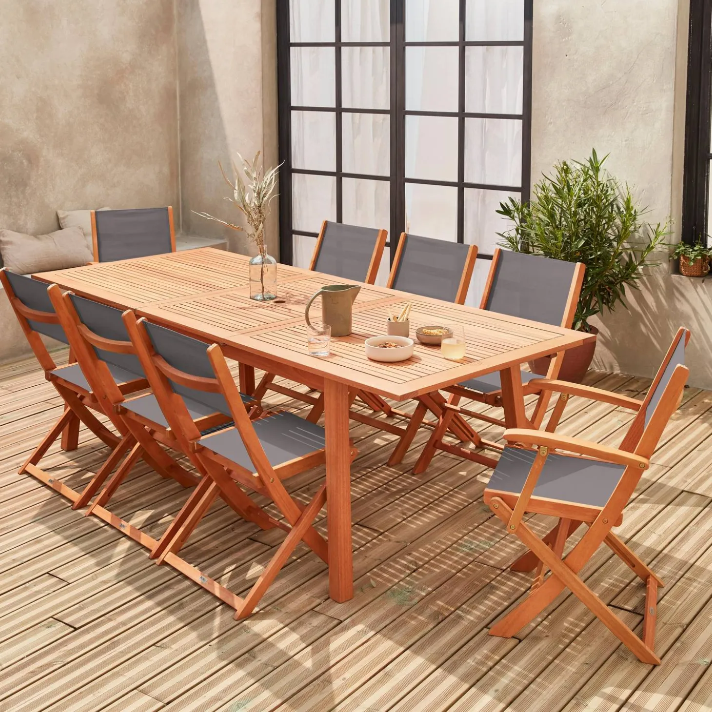 Mesa de jardín de madera extensible, 8 sillas