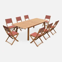 Mesa de jardín de madera extensible, 8 sillas