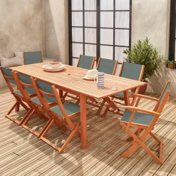 Mesa de jardín de madera extensible, 8 sillas
