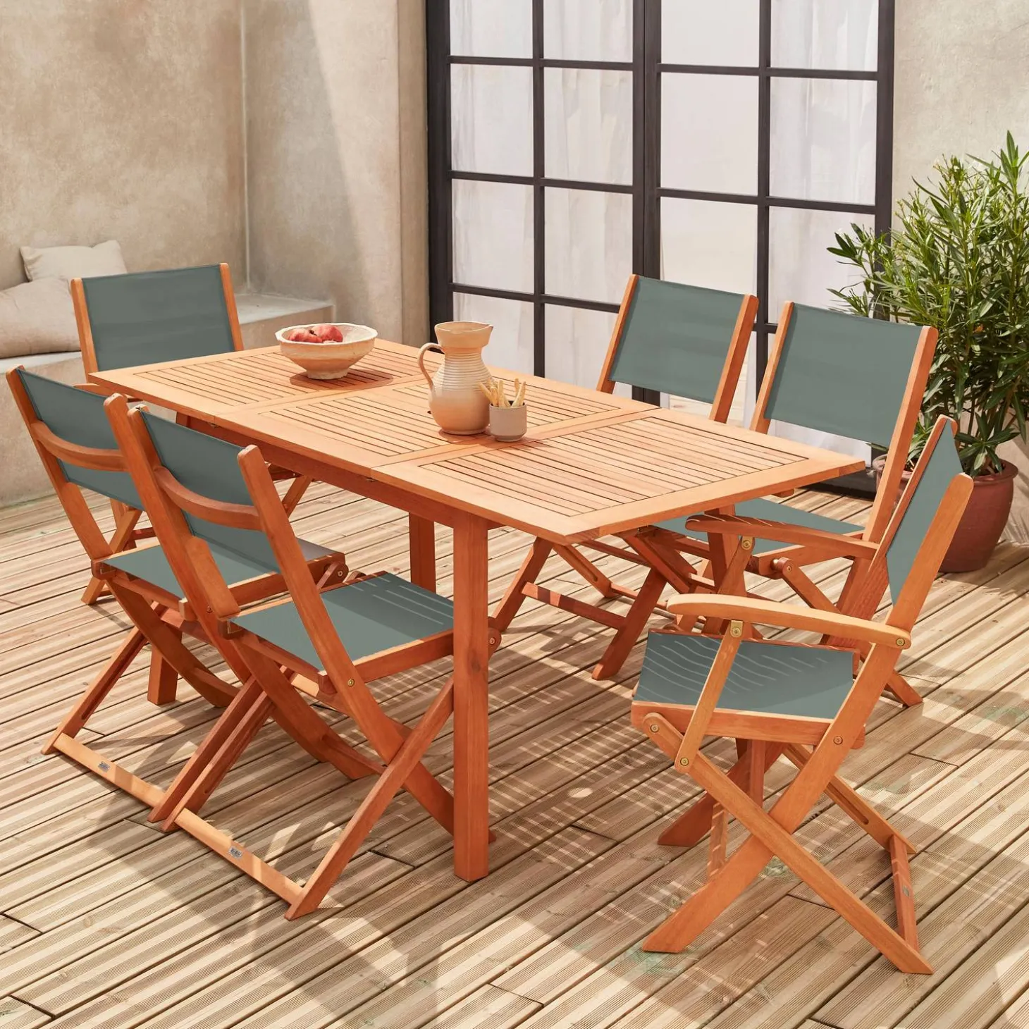 Mesa de jardín de madera extensible, 6 sillas