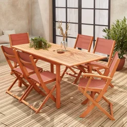 Mesa de jardín de madera extensible, 6 sillas
