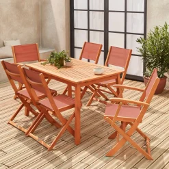 Mesa de jardín de madera extensible, 6 sillas