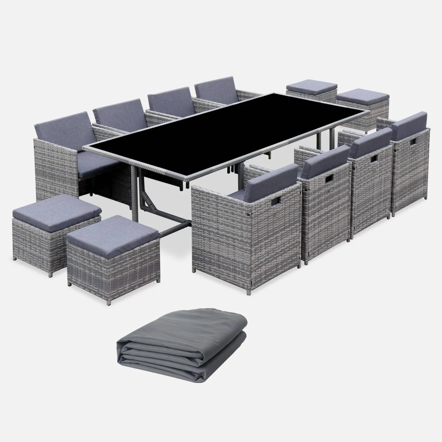 Mesa de jardín encastrable de resina trenzada 12 sillones + funda
