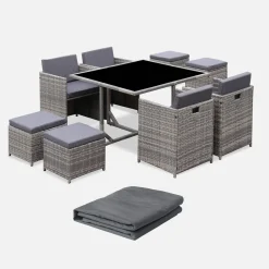 Mesa de jardín encastrable resina con 8 sillones + cobertor