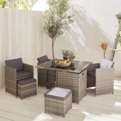 Mesa de jardín encastrable resina con 8 sillones + cobertor