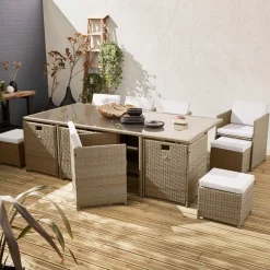 Mesa de jardín encastrable de resina trenzada 12 sillones + funda