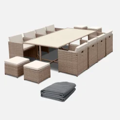 Mesa de jardín encastrable de resina trenzada 12 sillones + funda