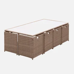 Mesa de jardín encastrable de resina trenzada 12 sillones + funda