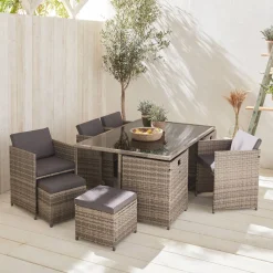 Mesa de jardín encastrable resina con 10 sillones + cobertor