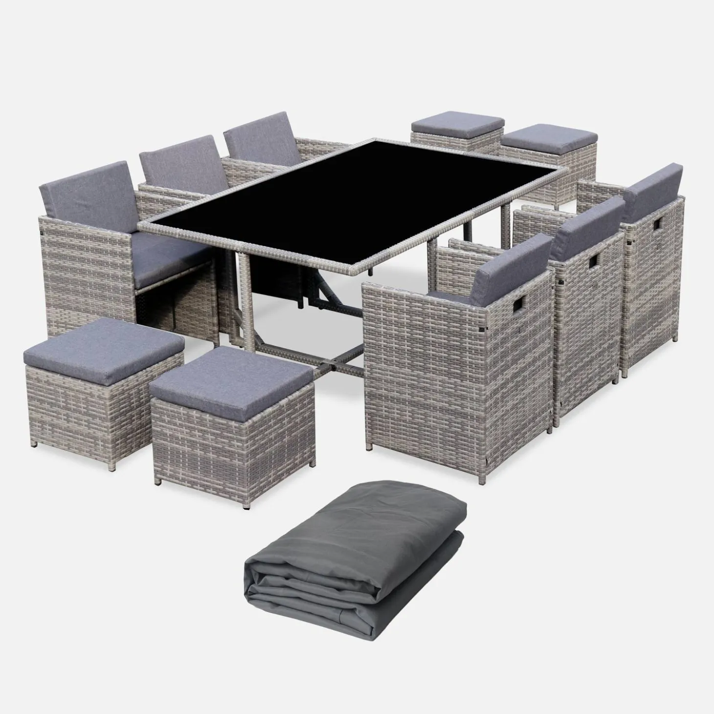 Mesa de jardín encastrable resina con 10 sillones + cobertor