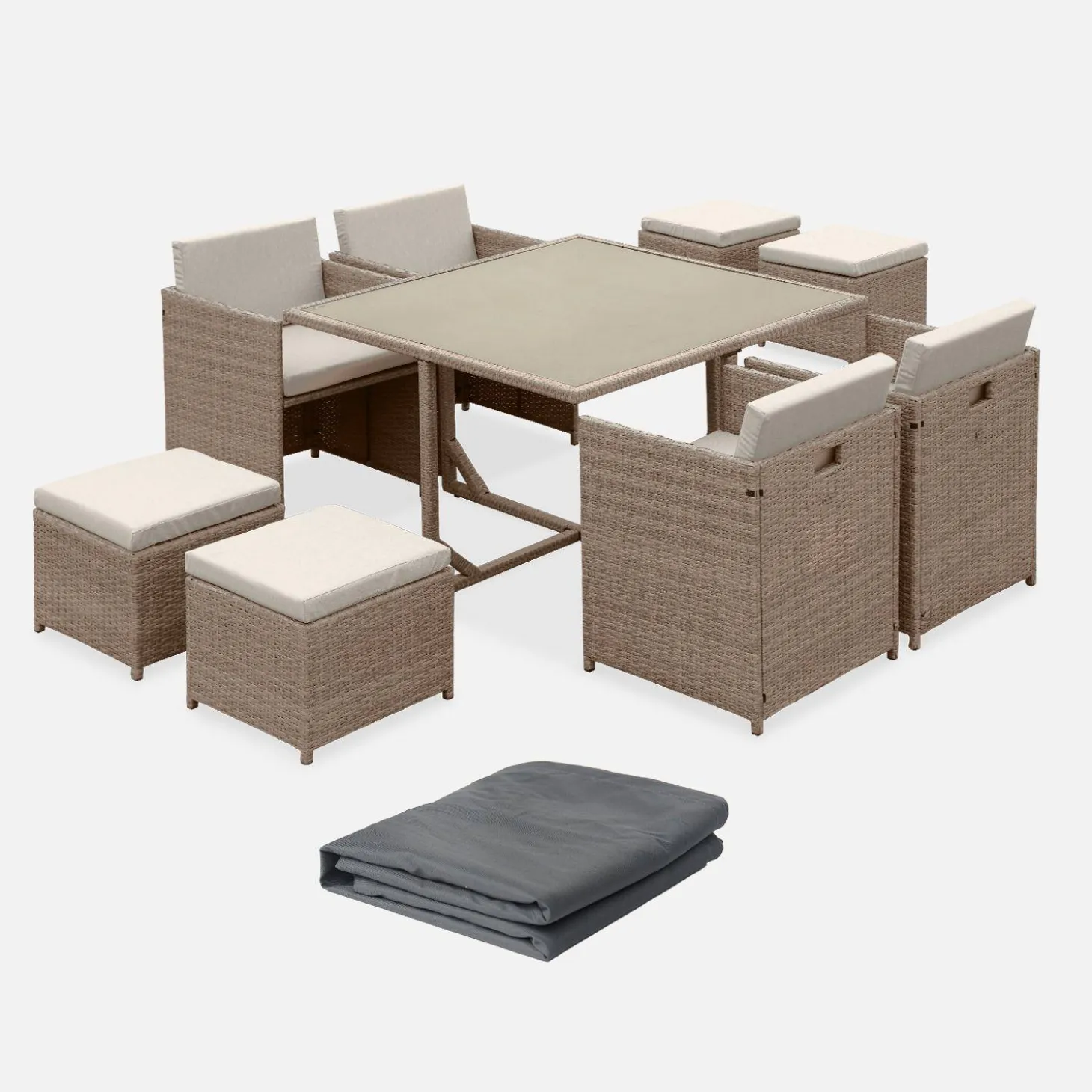 Mesa de jardín encastrable resina con 8 sillones + cobertor