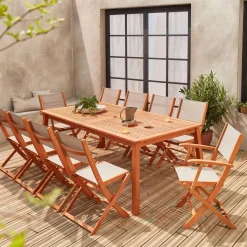 Mesa de jardín extensible de madera + 10 sillas