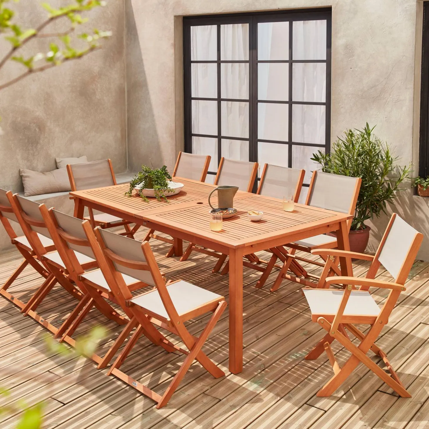 Mesa de jardín extensible de madera + 10 sillas