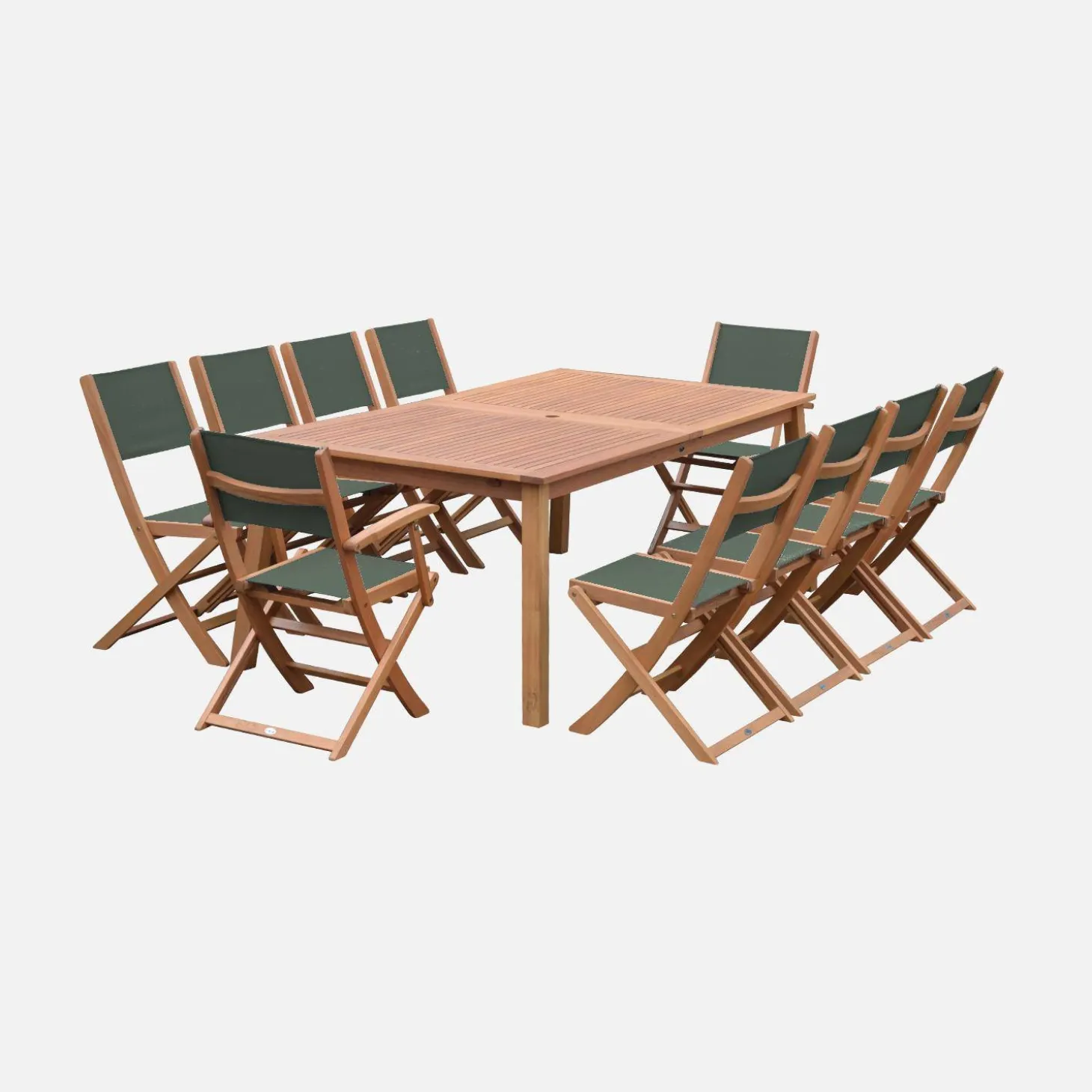 Mesa de jardín extensible de madera + 10 sillas