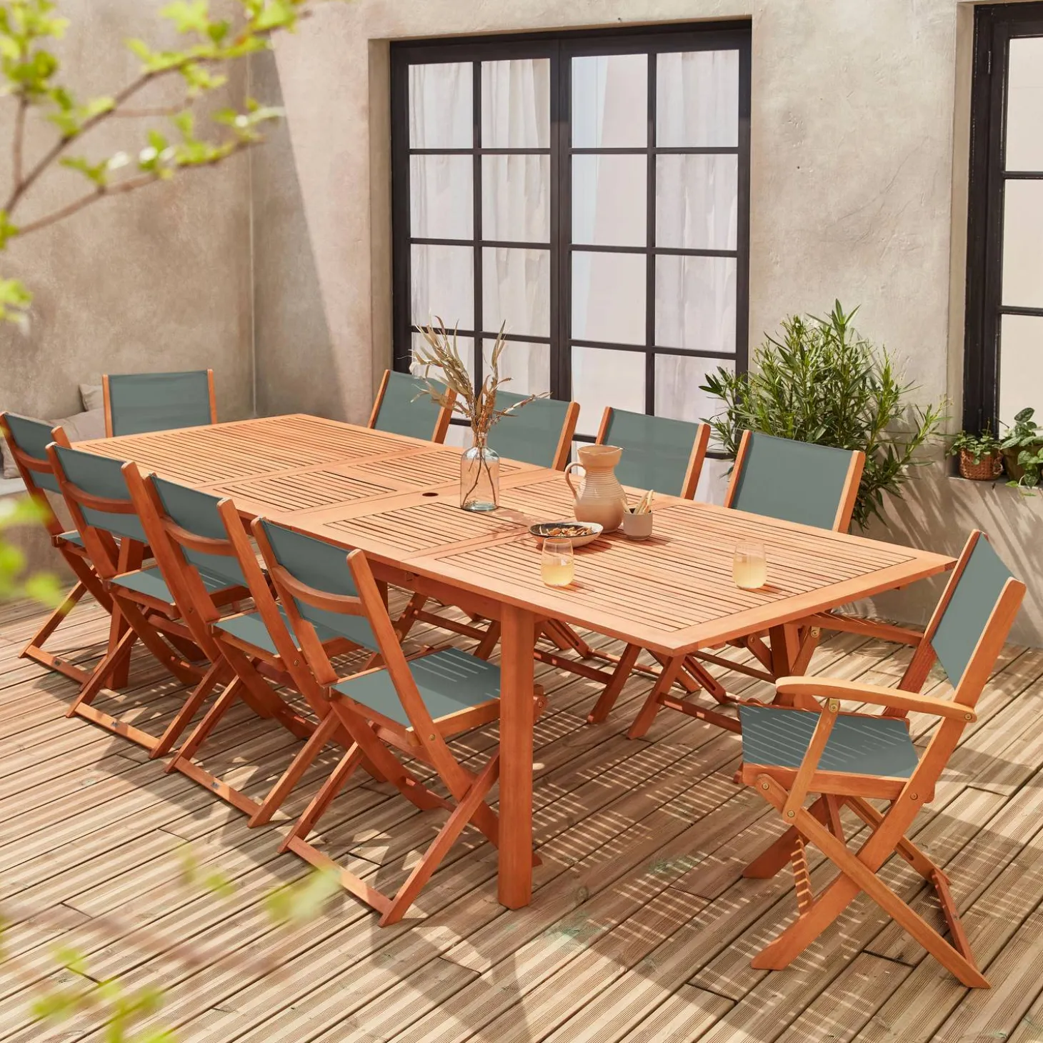 Mesa de jardín extensible de madera + 10 sillas