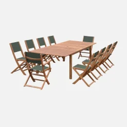 Mesa de jardín extensible de madera + 10 sillas