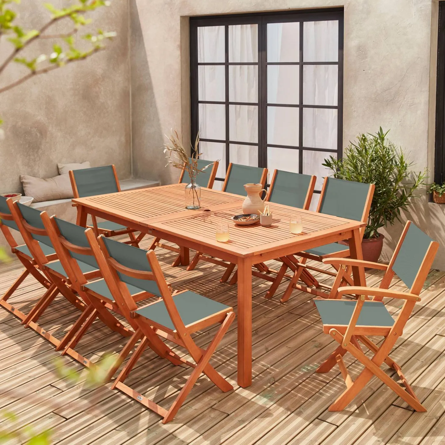Mesa de jardín extensible de madera + 10 sillas
