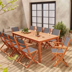 Mesa de jardín extensible de madera + 10 sillas