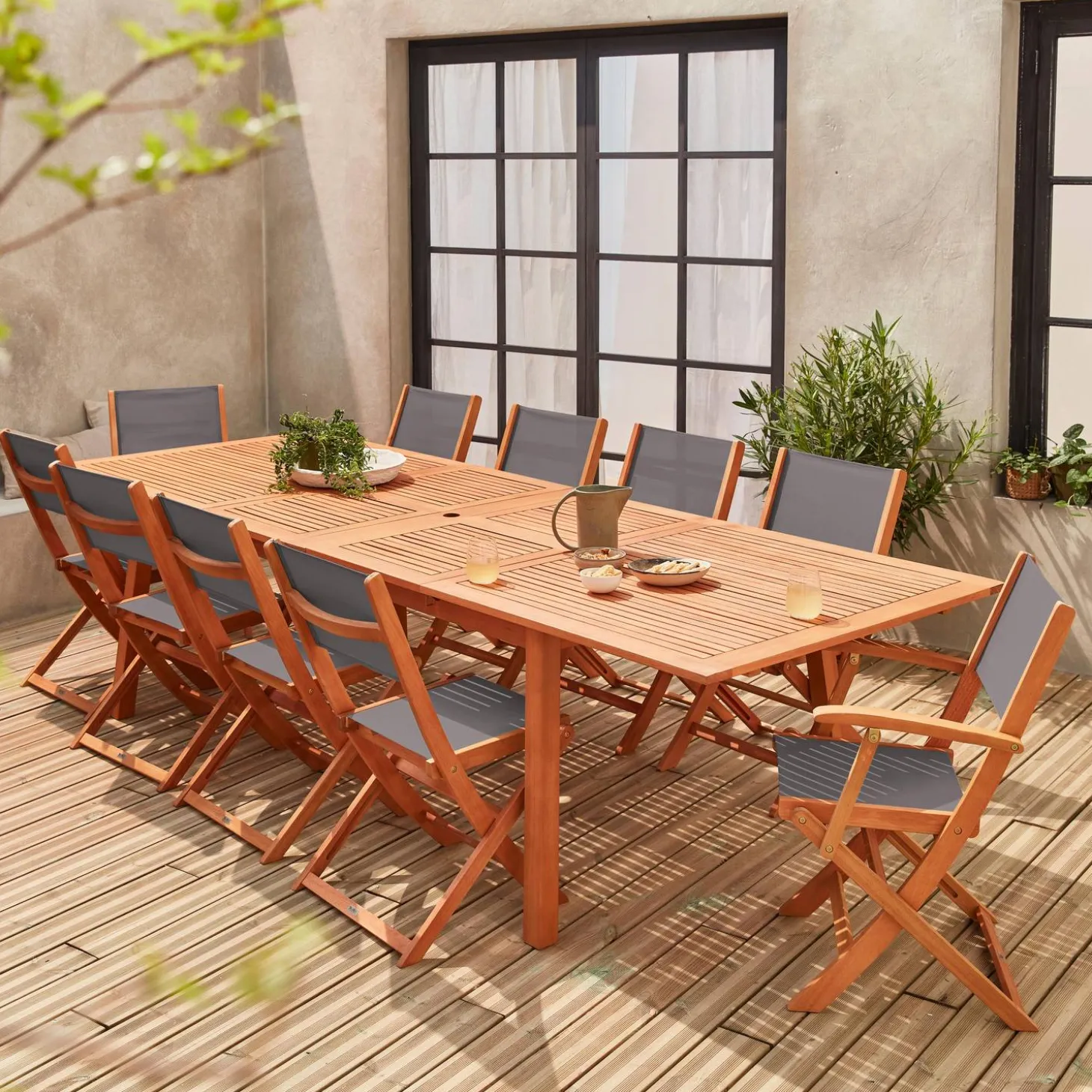 Mesa de jardín extensible de madera + 10 sillas
