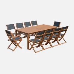 Mesa de jardín extensible de madera + 10 sillas