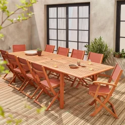 Mesa de jardín extensible de madera + 10 sillas