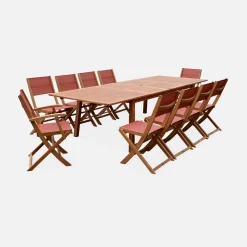 Mesa de jardín extensible de madera + 10 sillas