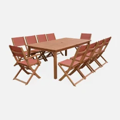 Mesa de jardín extensible de madera + 10 sillas