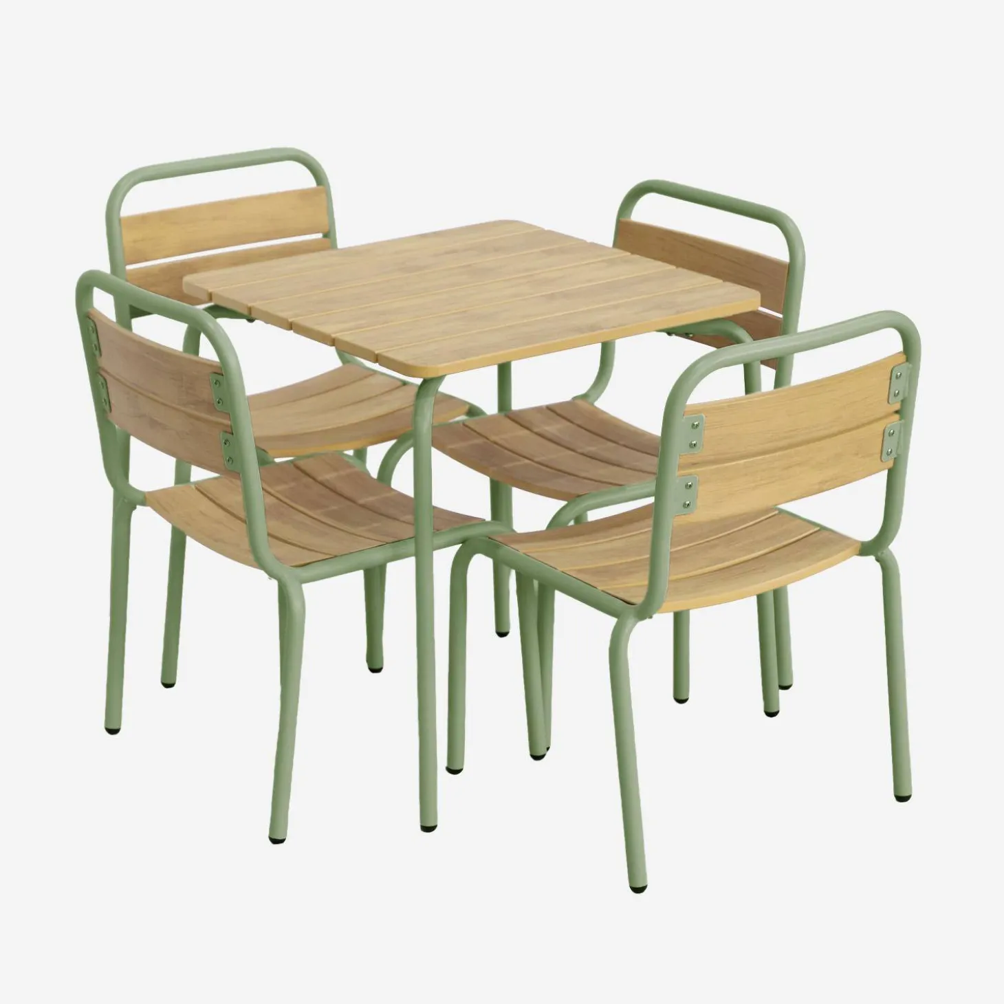 Mesa de jardín infantil de acero y decoración de madera con 4 asientos