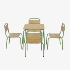 Mesa de jardín infantil de acero y decoración de madera con 4 asientos