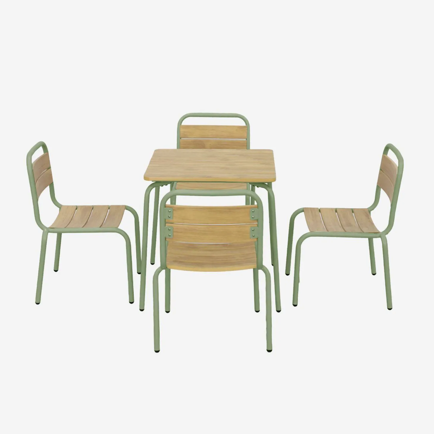 Mesa de jardín infantil de acero y decoración de madera con 4 asientos