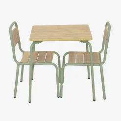Mesa de jardín infantil de acero y decoración de madera con 2 asientos