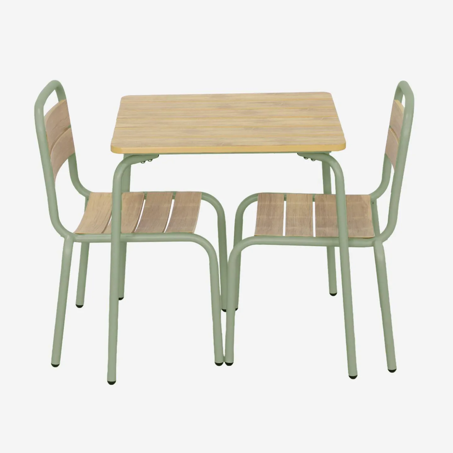 Mesa de jardín infantil de acero y decoración de madera con 2 asientos