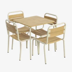 Mesa de jardín infantil de acero y decoración de madera con 4 asientos