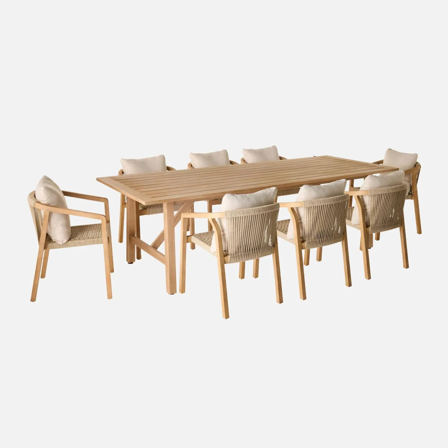 Mesa de jardín madera de eucalipto y cuerdas, 8 plazas