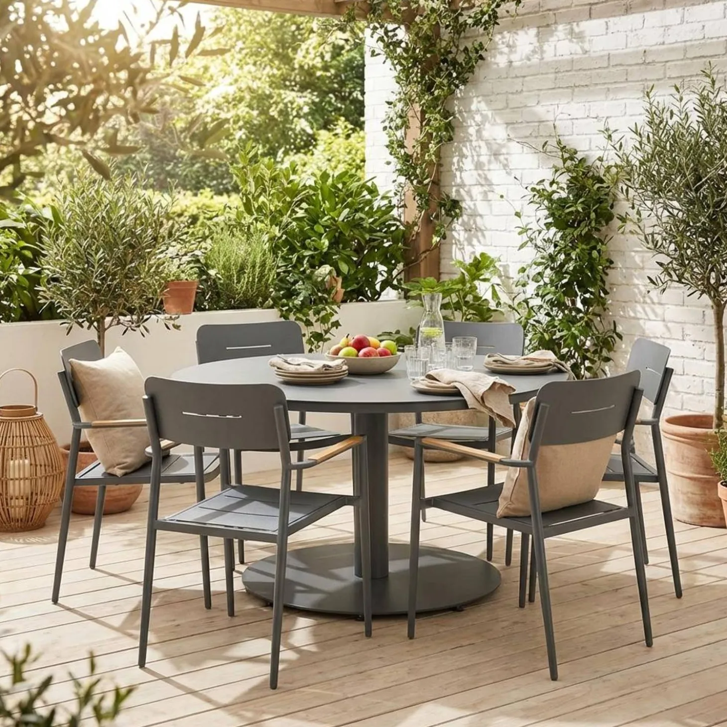 Mesa de jardín redonda de aluminio con 6 sillas
