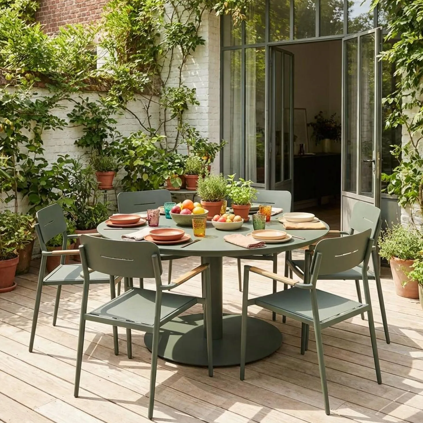 Mesa de jardín redonda de aluminio con 6 sillas