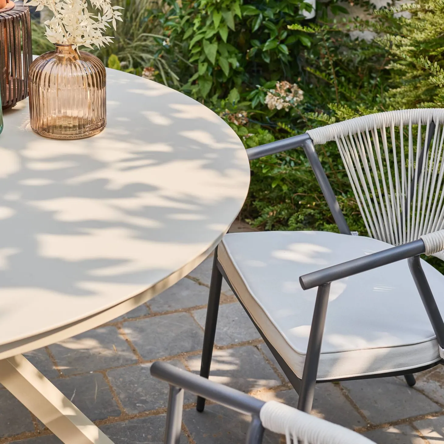 Mesa de jardín redonda de aluminio y vidrio, para 6 plazas