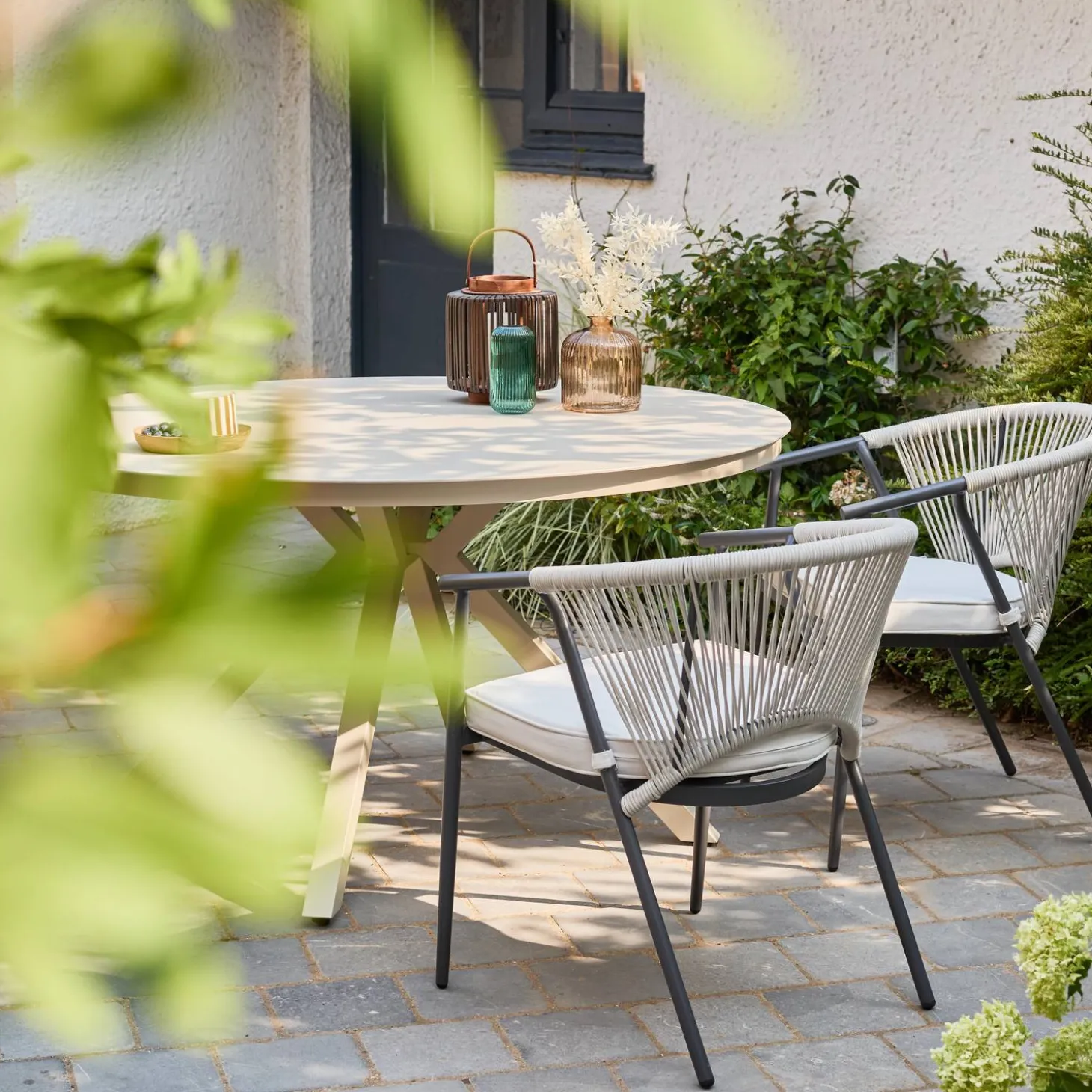 Mesa de jardín redonda de aluminio y vidrio, para 6 plazas