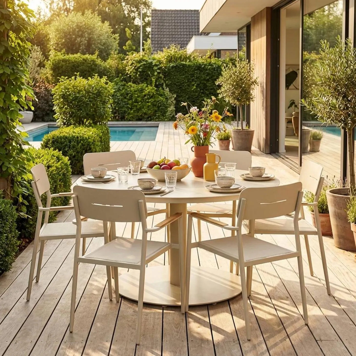 Mesa de jardín redonda de aluminio con 6 sillas