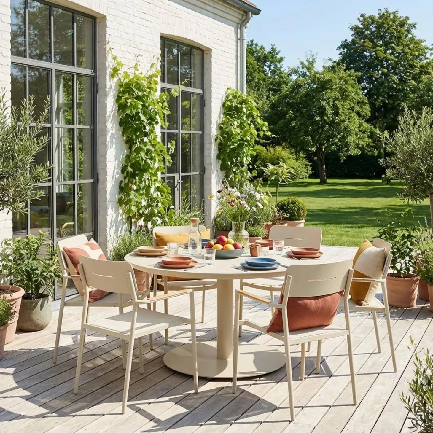 Mesa de jardín redonda de aluminio con 6 sillas