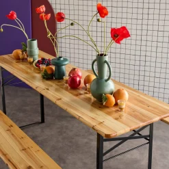 Mesa de madera y 2 bancos plegables para 6 personas