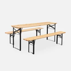 Mesa de madera y 2 bancos plegables para 6 personas