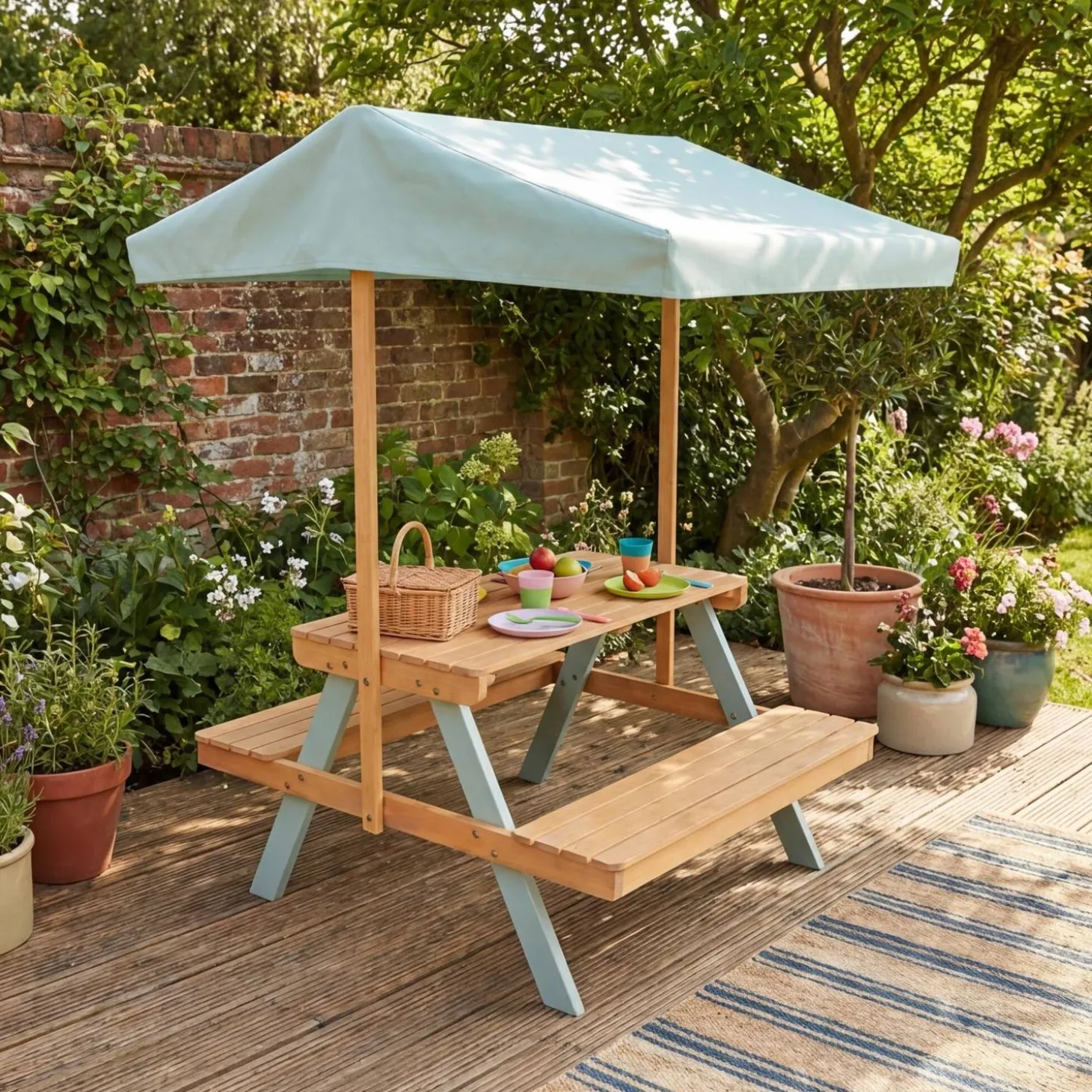 Mesa de picnic de jardín infantil de madera con sombrilla, 2 plazas