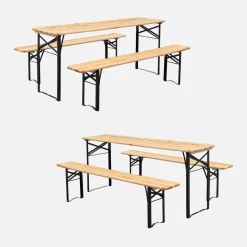 Mesa de recepción plegable madera de abeto 2 bancos, set de 2
