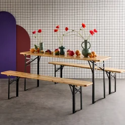 Mesa de recepción plegable madera de abeto 2 bancos, set de 2