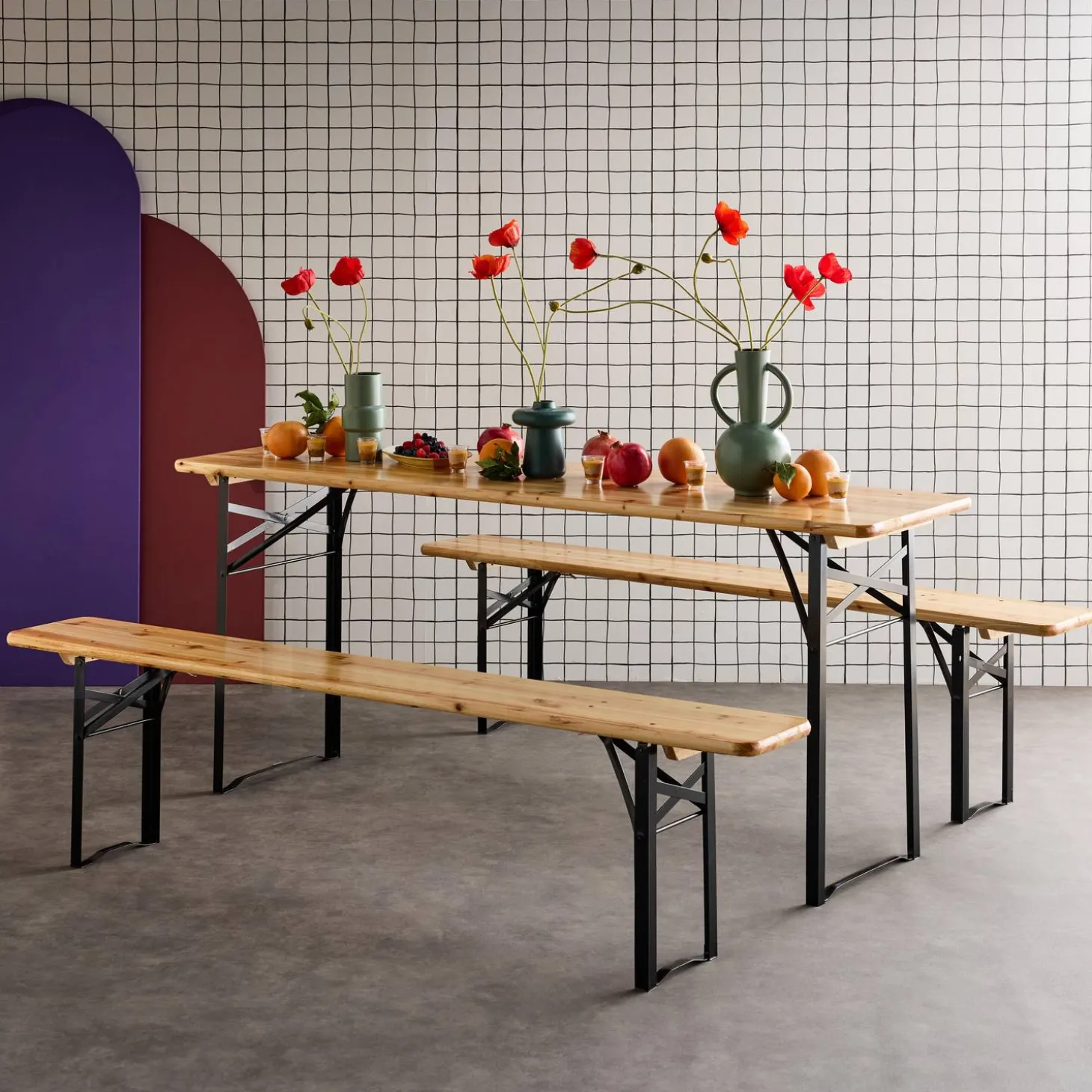 Mesa de recepción plegable madera de abeto 2 bancos, set de 2