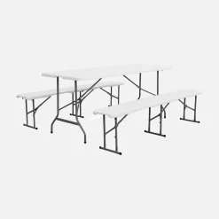 Mesa de recepción plegable acero 2 bancos, set de 2