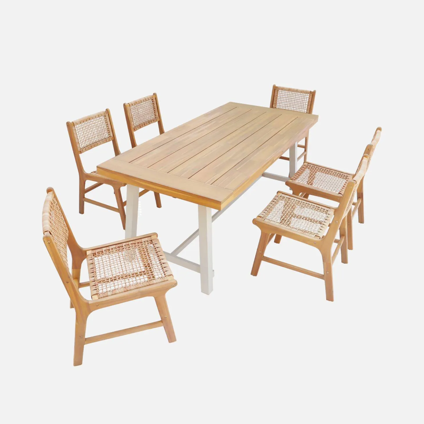 Mesa interior/exterior de madera de acacia y metal con 6 sillas de resina trenzada