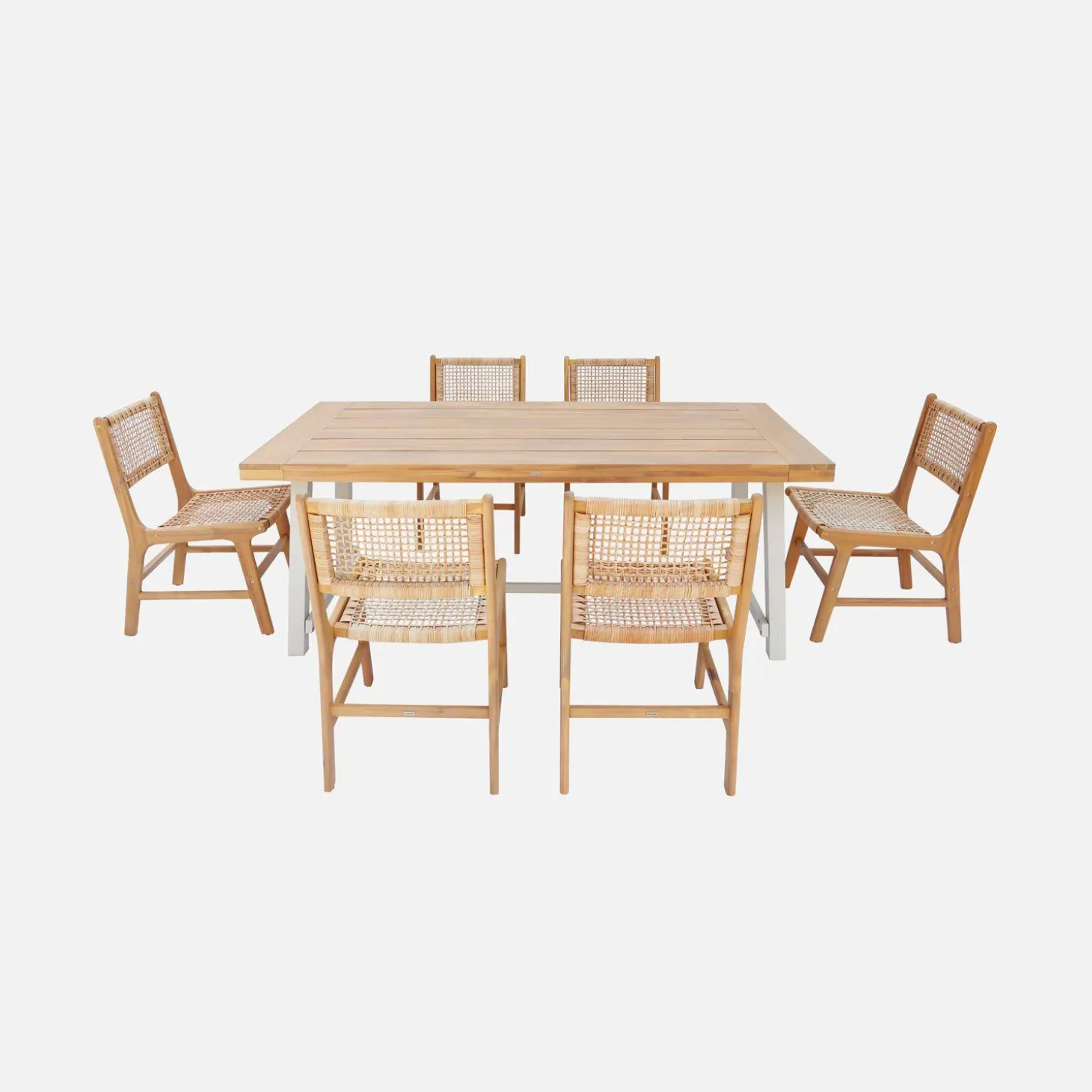 Mesa interior/exterior de madera de acacia y metal con 6 sillas de resina trenzada