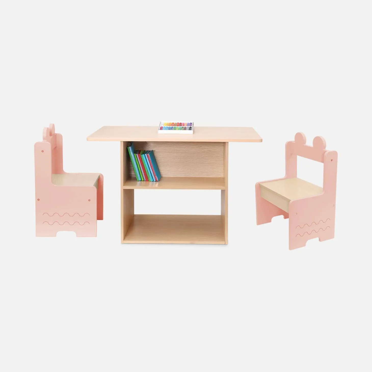 Mesa para niños + 2 sillas, con estantes